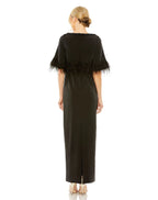 Mac Duggal 11787 Quarter Sleeve Crystal Neck Feather Detail Long Dress