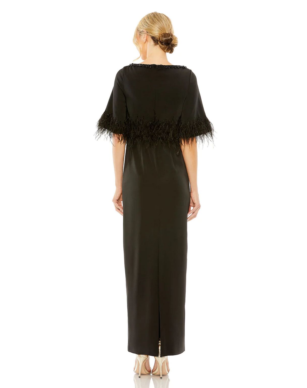 Mac Duggal 11787 Quarter Sleeve Crystal Neck Feather Detail Long Dress