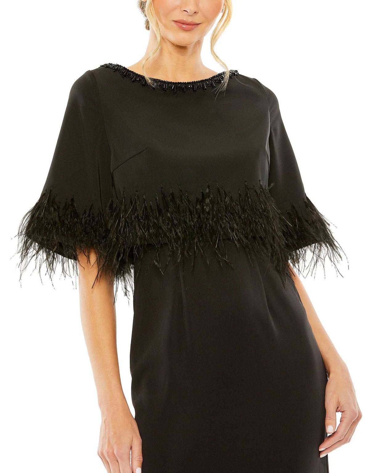 Mac Duggal 11787 Quarter Sleeve Crystal Neck Feather Detail Long Dress