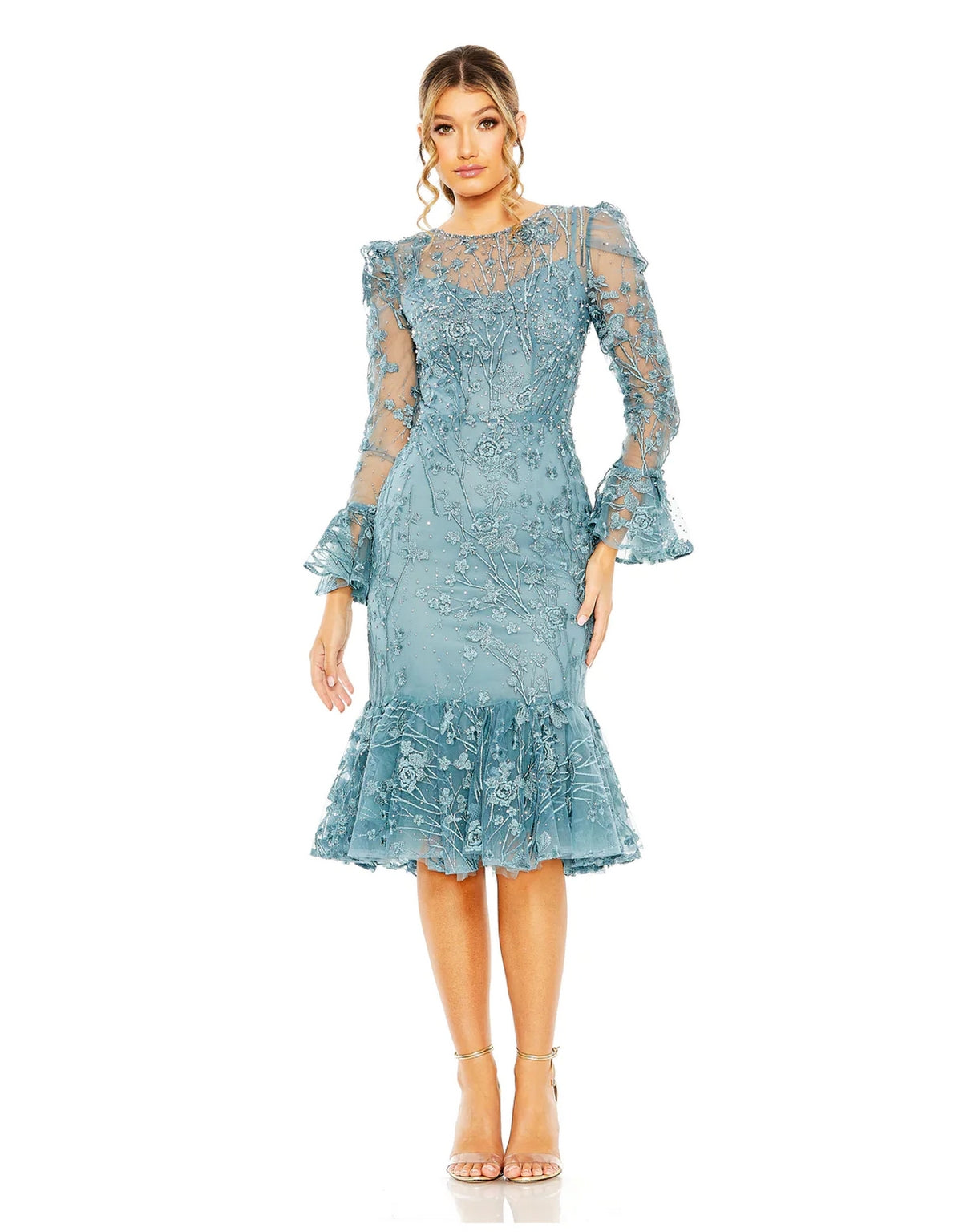 Mac Duggal 20431 Ruffle Wrist Embellished High Neck Midi Dress
