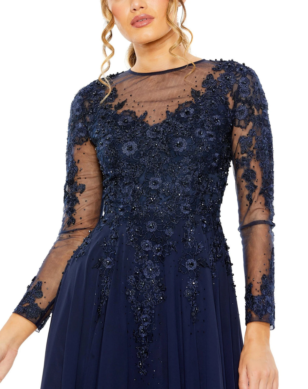 Mac Duggal 20478 High Neck Long Sleeve Embellished A Line Dress