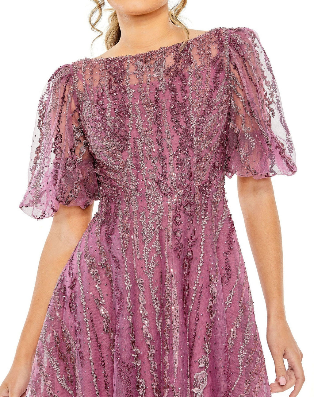 Mac Duggal 20485 Puff Sleeve Embellished A Line Midi Dress