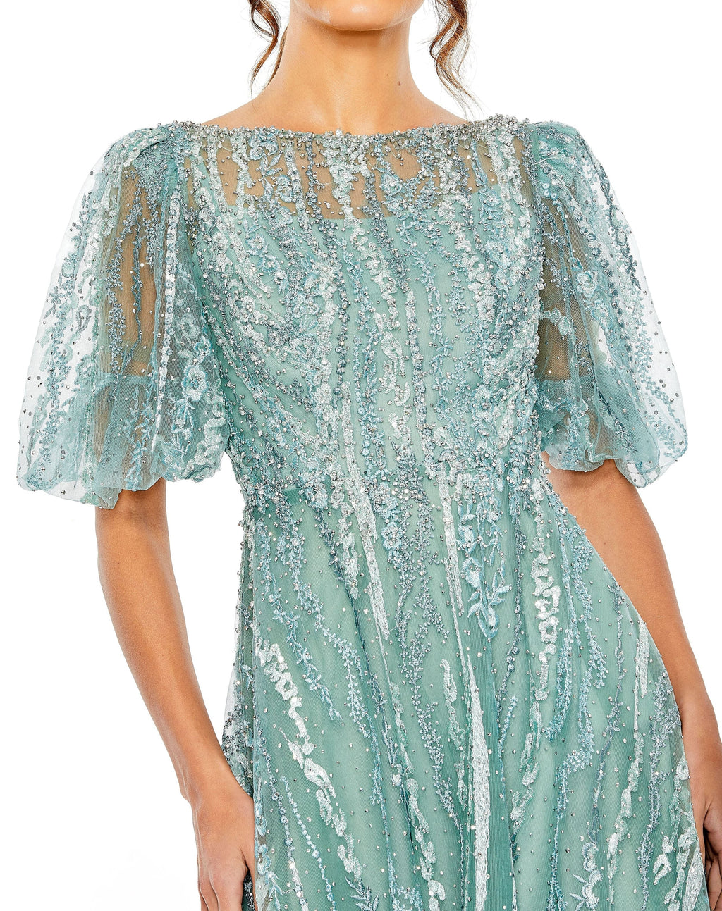 Mac Duggal 20485 Puff Sleeve Embellished A Line Midi Dress