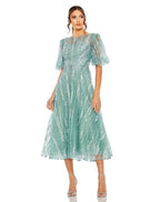 Mac Duggal 20485 Puff Sleeve Embellished A Line Midi Dress