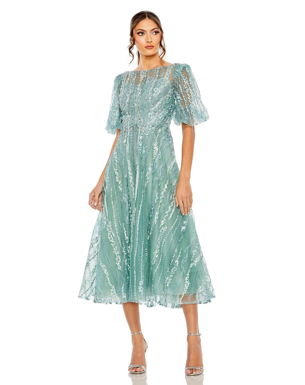 Mac Duggal 20485 Puff Sleeve Embellished A Line Midi Dress
