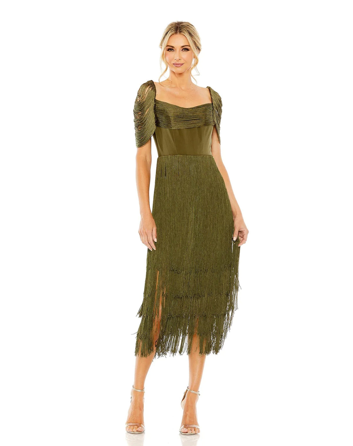 Mac Duggal 20568 Short Sleeve Fringe Detailed Midi Dress