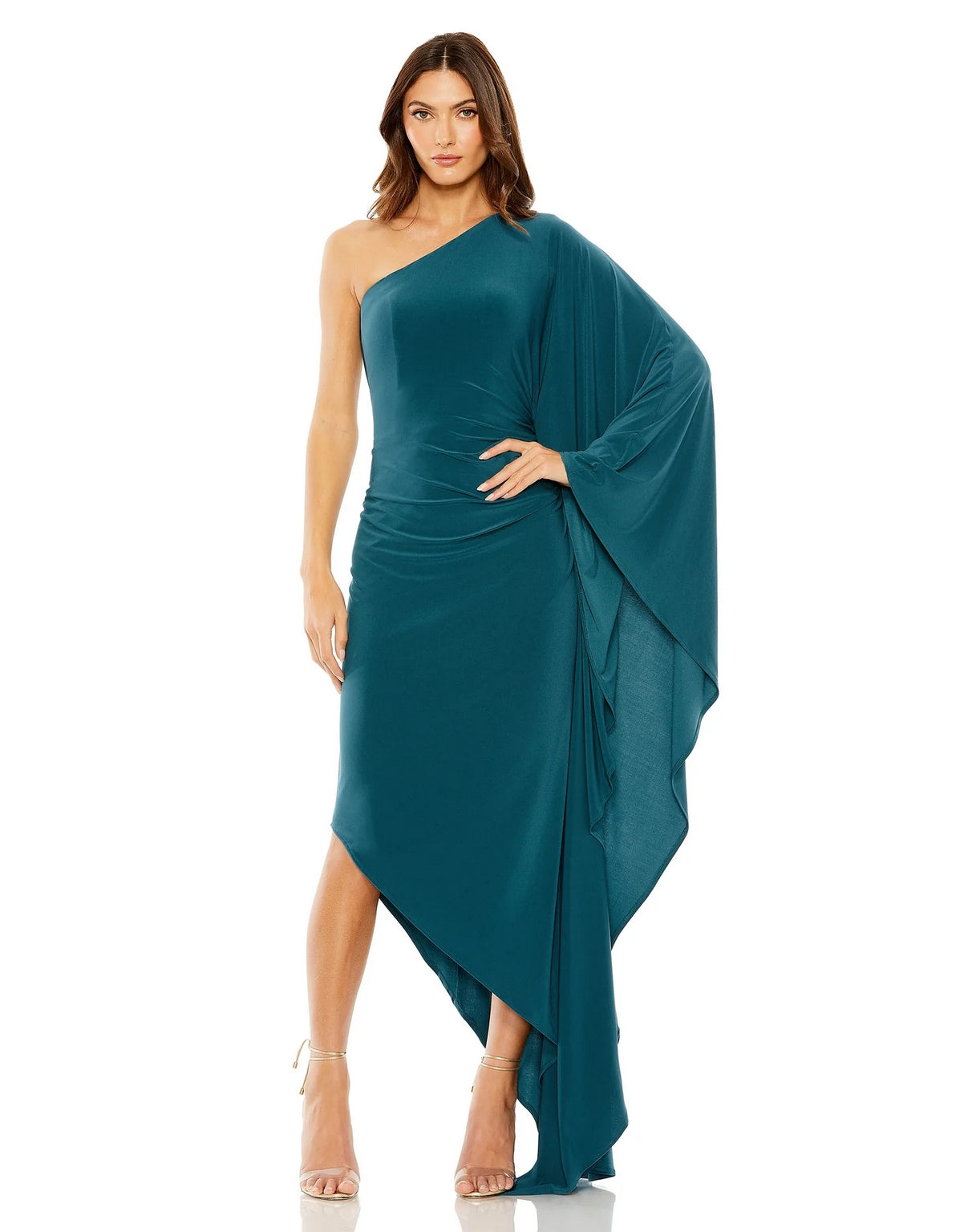 Mac Duggal 20673 One Shoulder Cape Sleeve High Low Dress