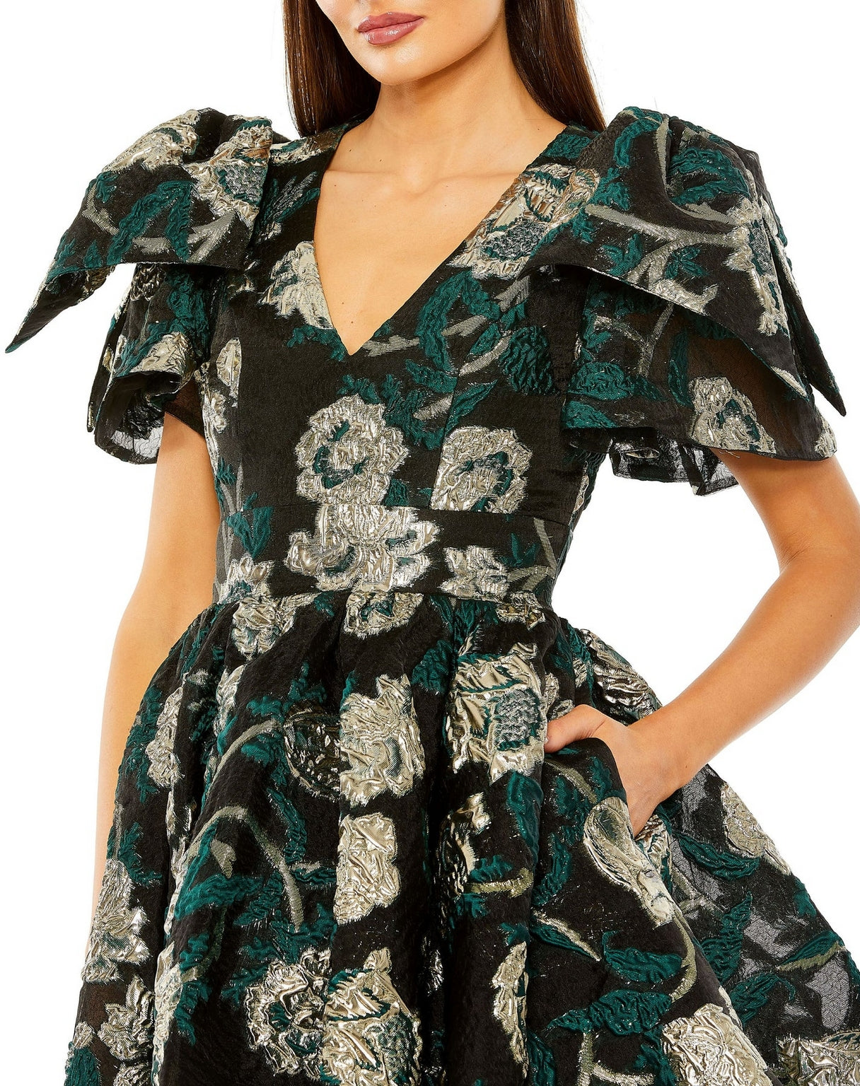 Mac Duggal 20721 Bow Shoulders Brocade V Neck Pockets Short Dress
