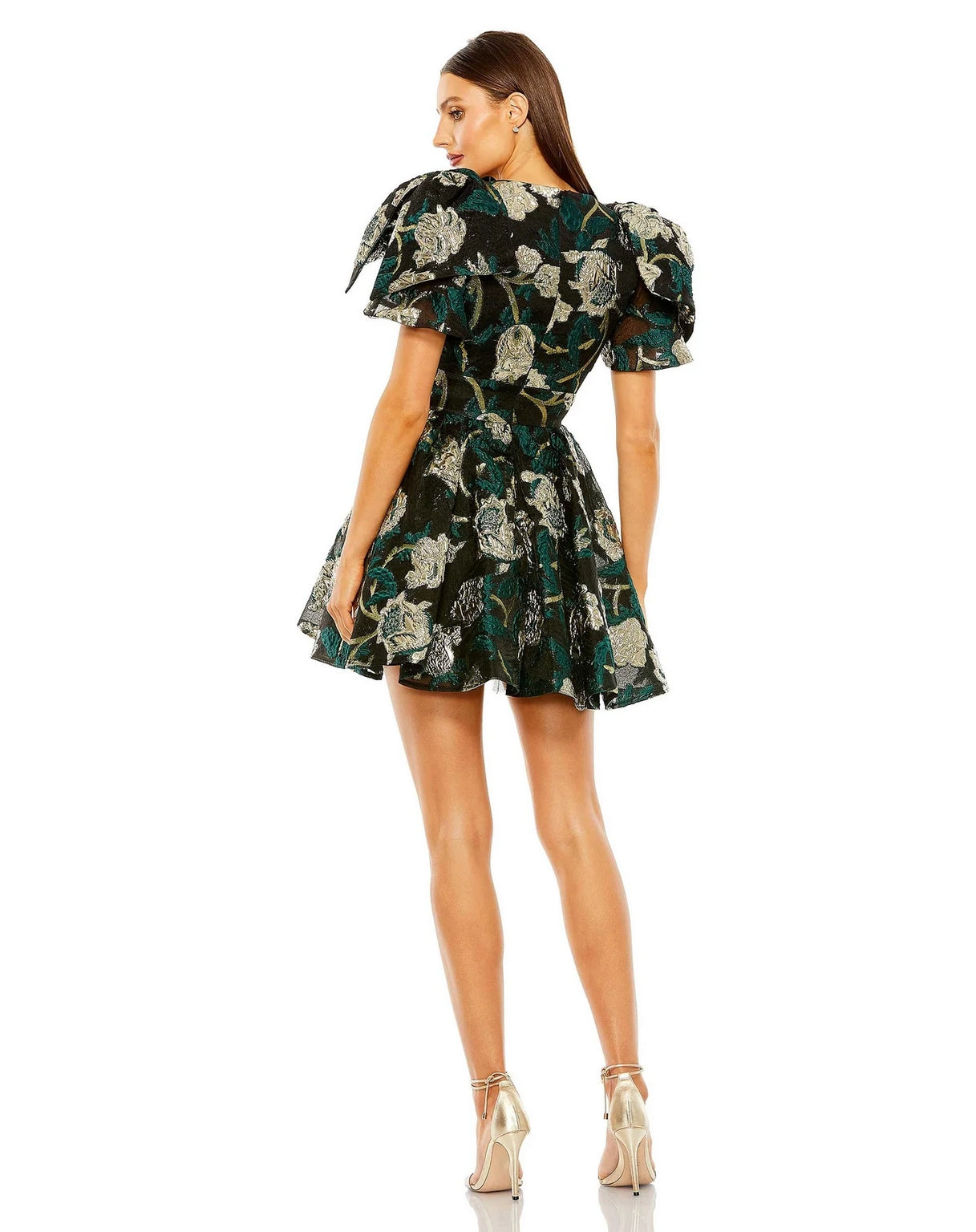 Mac Duggal 20721 Bow Shoulders Brocade V Neck Pockets Short Dress
