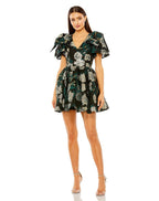Mac Duggal 20721 Bow Shoulders Brocade V Neck Pockets Short Dress