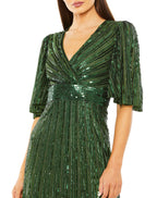 Mac Duggal 23010 Long Flutter Sleeve Deep V Ruffle Hem Sequin Dress
