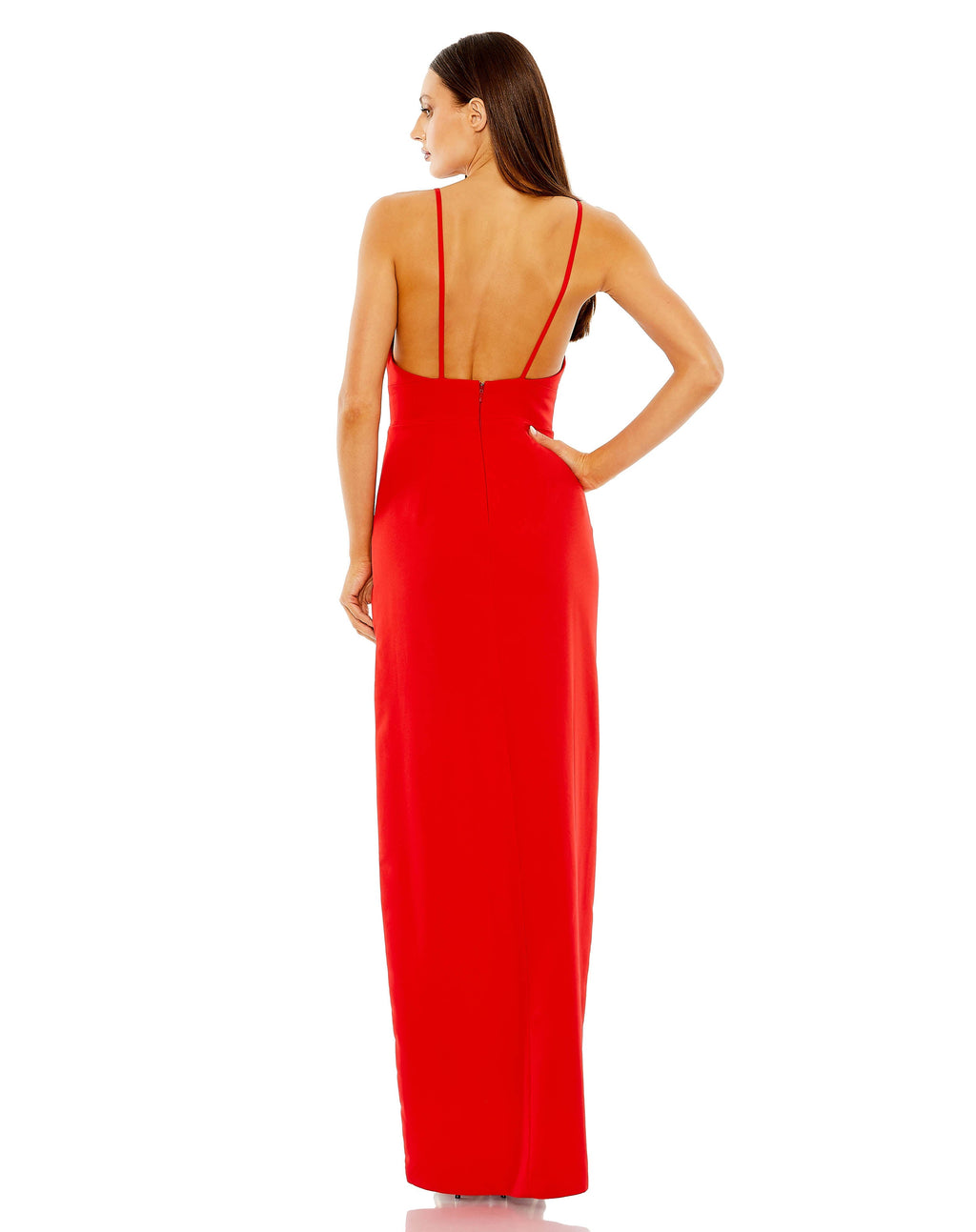 Mac Duggal 27434 Long Thin Strap Cutout High Slit V Neck Dress