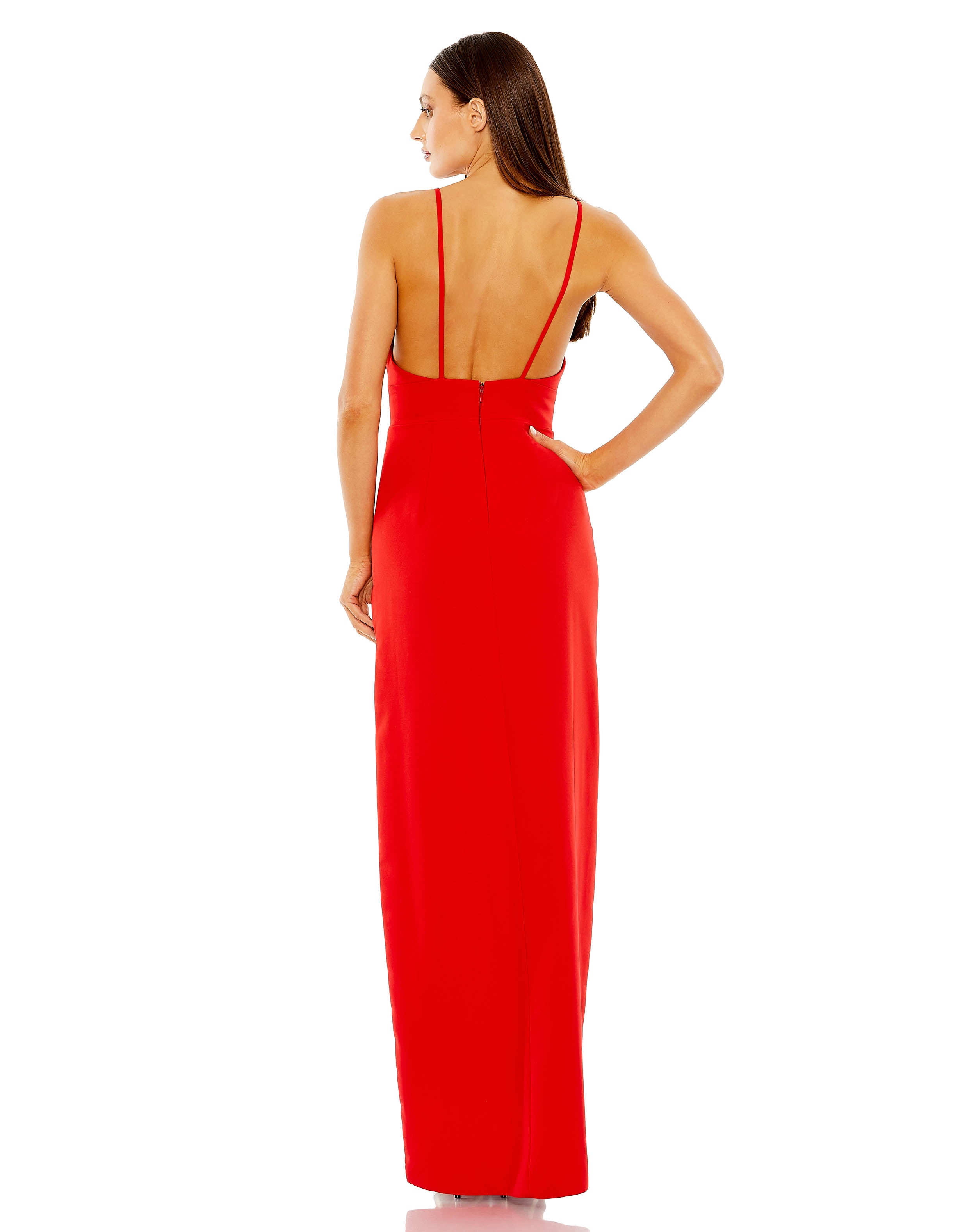 Mac Duggal 27434 Long Thin Strap Cutout High Slit V Neck Dress