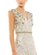 Mac Duggal 5505 Long Embellished V Neck Cap Sleeve Sequin Dress