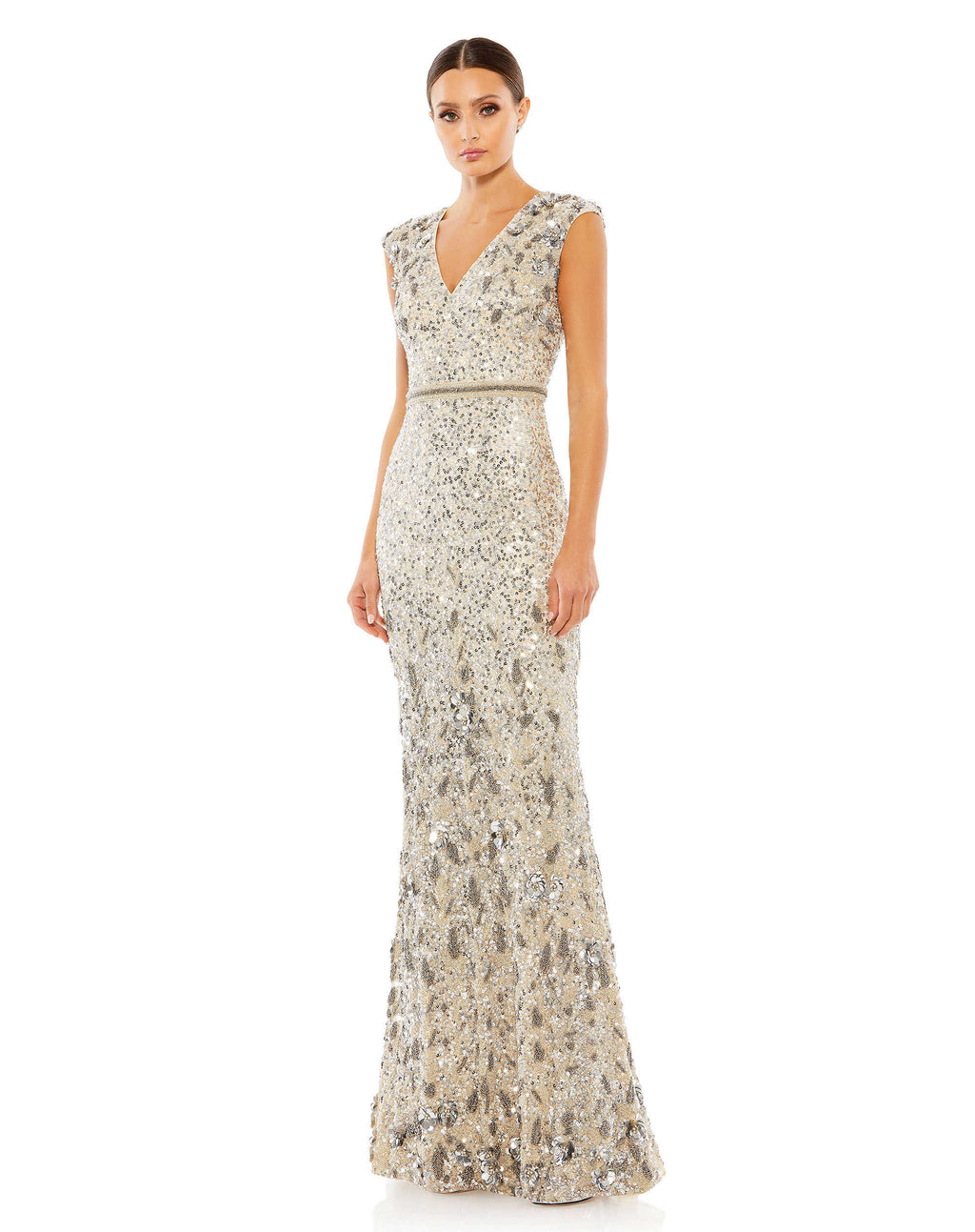 Mac Duggal 5505 Long Embellished V Neck Cap Sleeve Sequin Dress