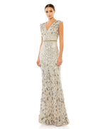 Mac Duggal 5505 Long Embellished V Neck Cap Sleeve Sequin Dress