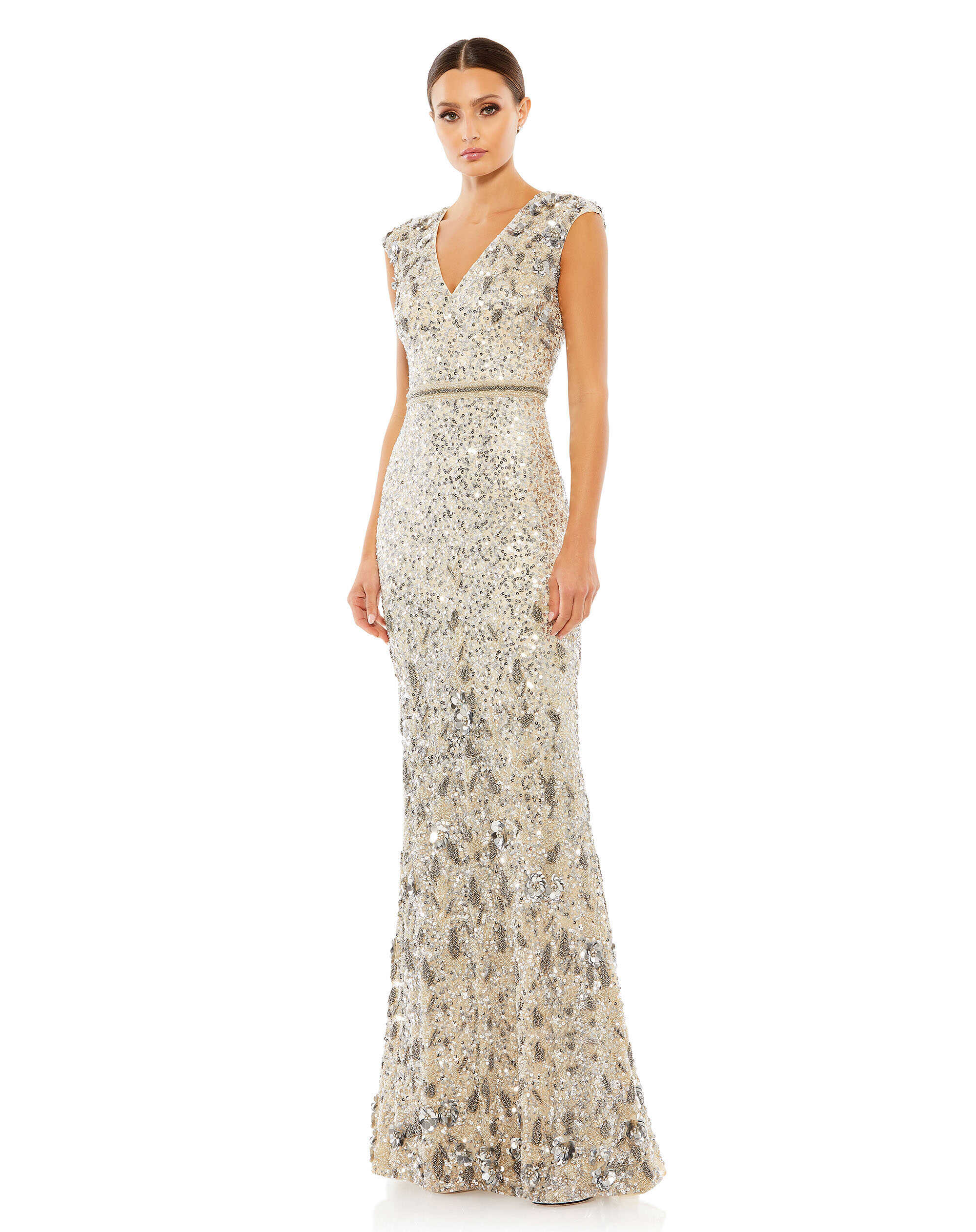 Mac Duggal 5505 Long Embellished V Neck Cap Sleeve Sequin Dress