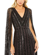 Mac Duggal 5915 Long Sequined V Neck Cape Sleeve Dress