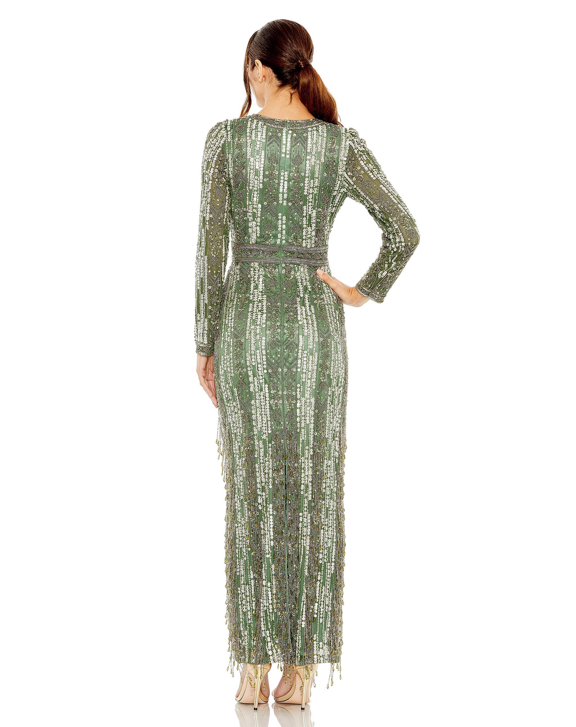 Mac Duggal 5981 Long Sleeve Crystal Fringe Column Dress