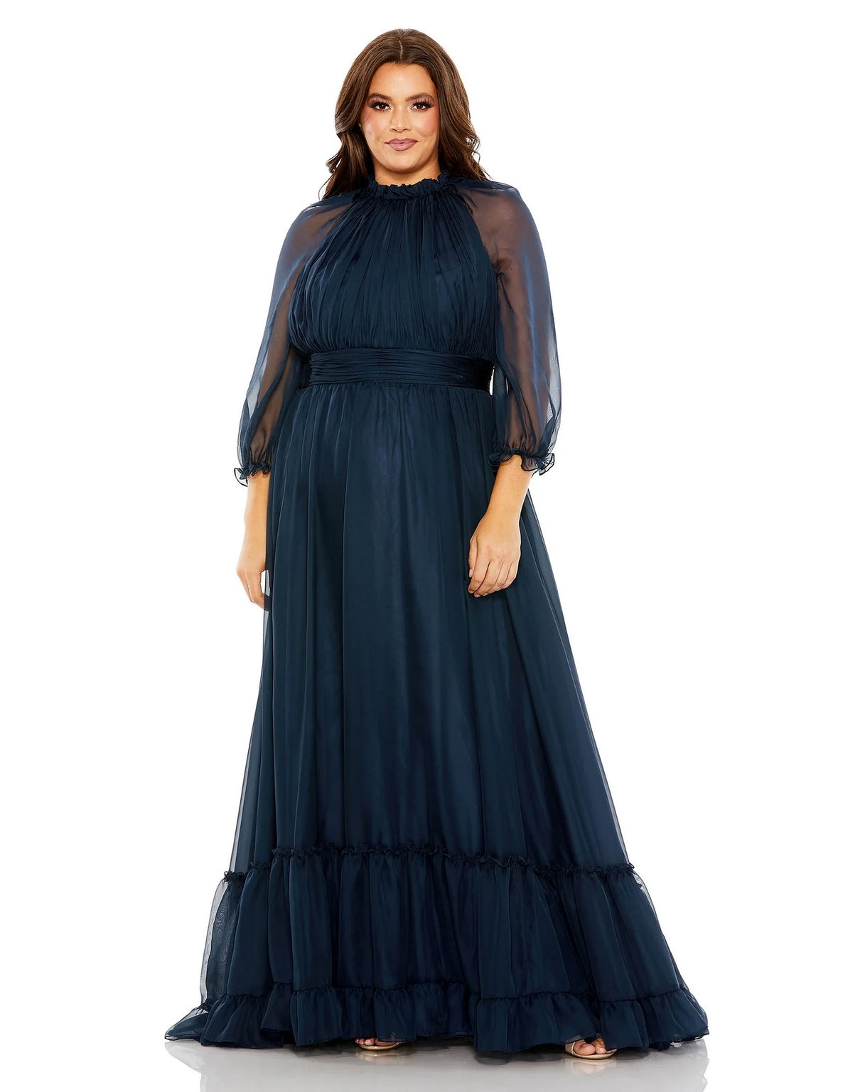 Mac Duggal 68426 Plus Size Puff Sleeve Tiered A Line Long Dress