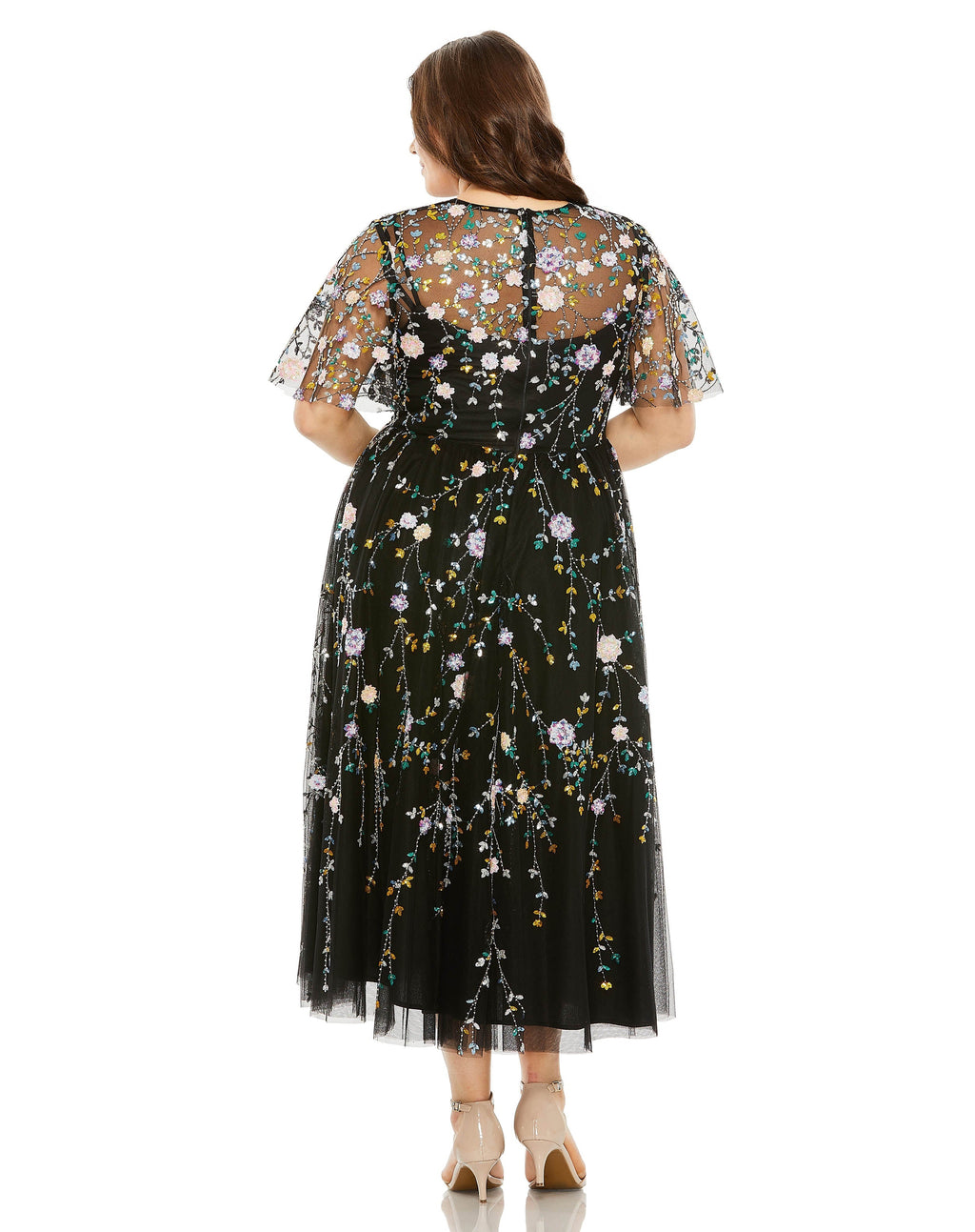 Mac Duggal 68638 Plus Size Sequin Floral Detail Midi Dress