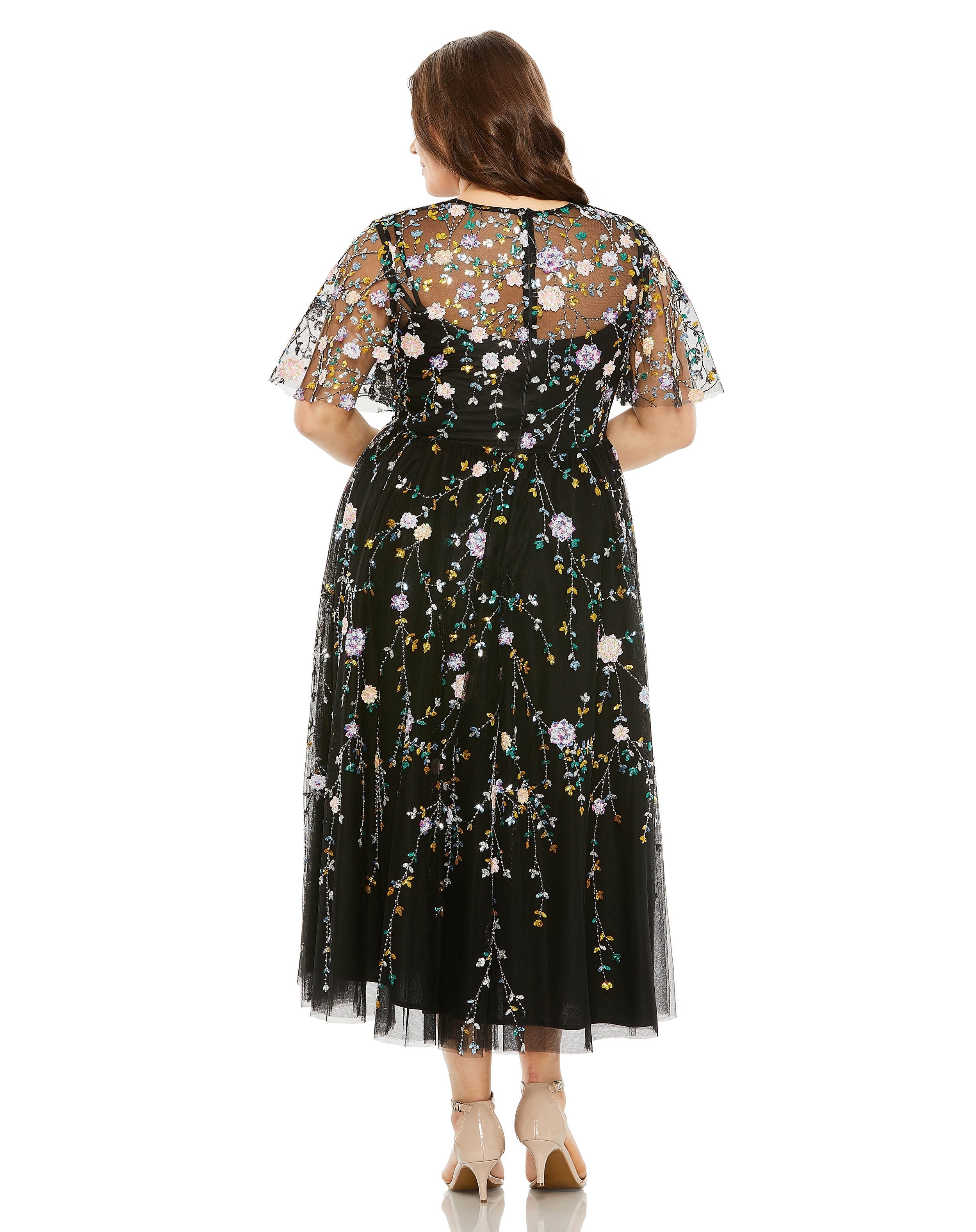 Mac Duggal 68638 Plus Size Sequin Floral Detail Midi Dress