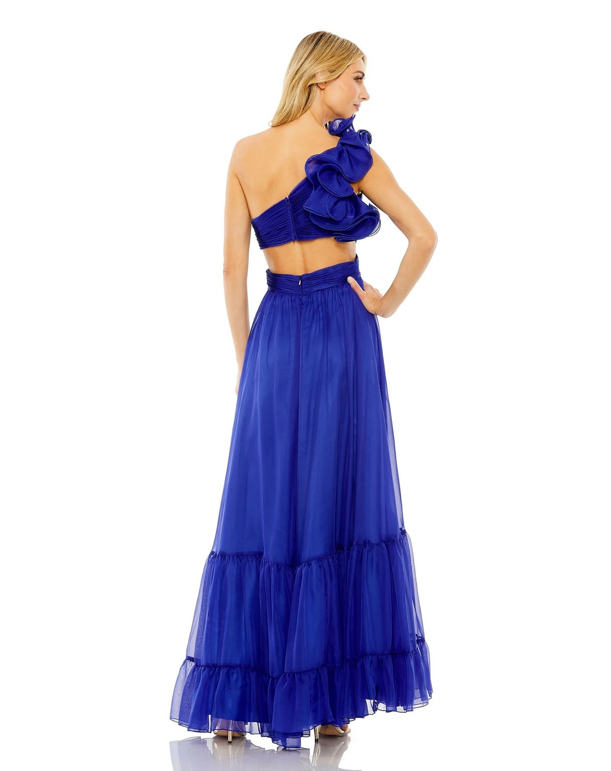 Mac Duggal 68639 High Low One Shoulder Ruffle Tiered Cut Out Chiffon Dress