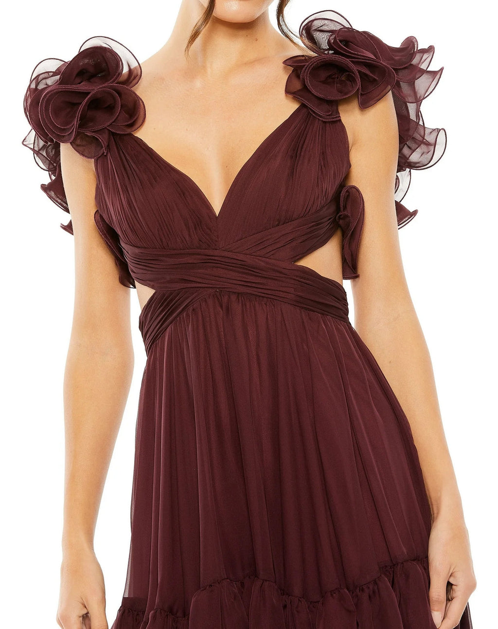 Mac Duggal 68643 Ruffle Tiered Cut Out Chiffon Tea Length Dress