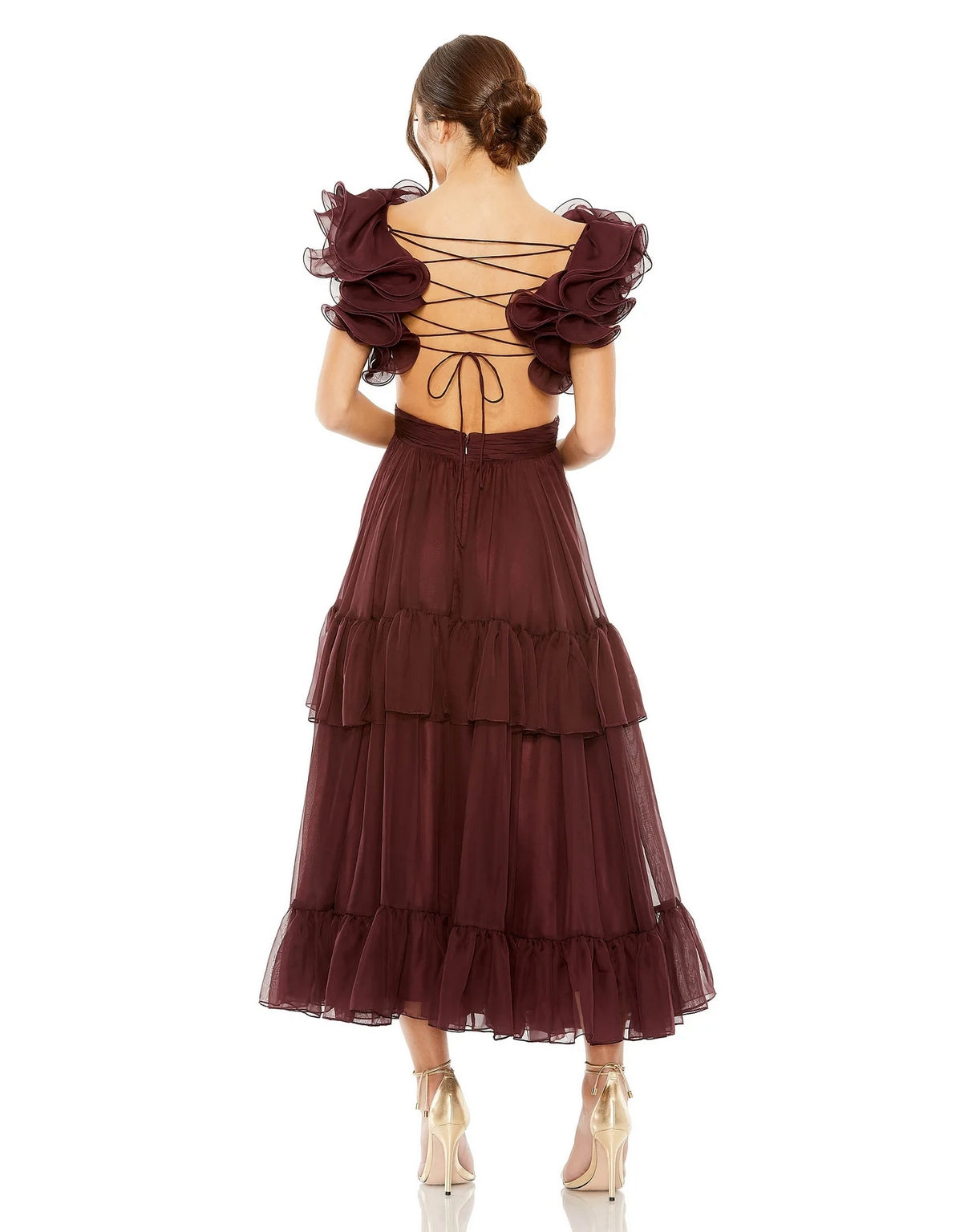 Mac Duggal 68643 Ruffle Tiered Cut Out Chiffon Tea Length Dress