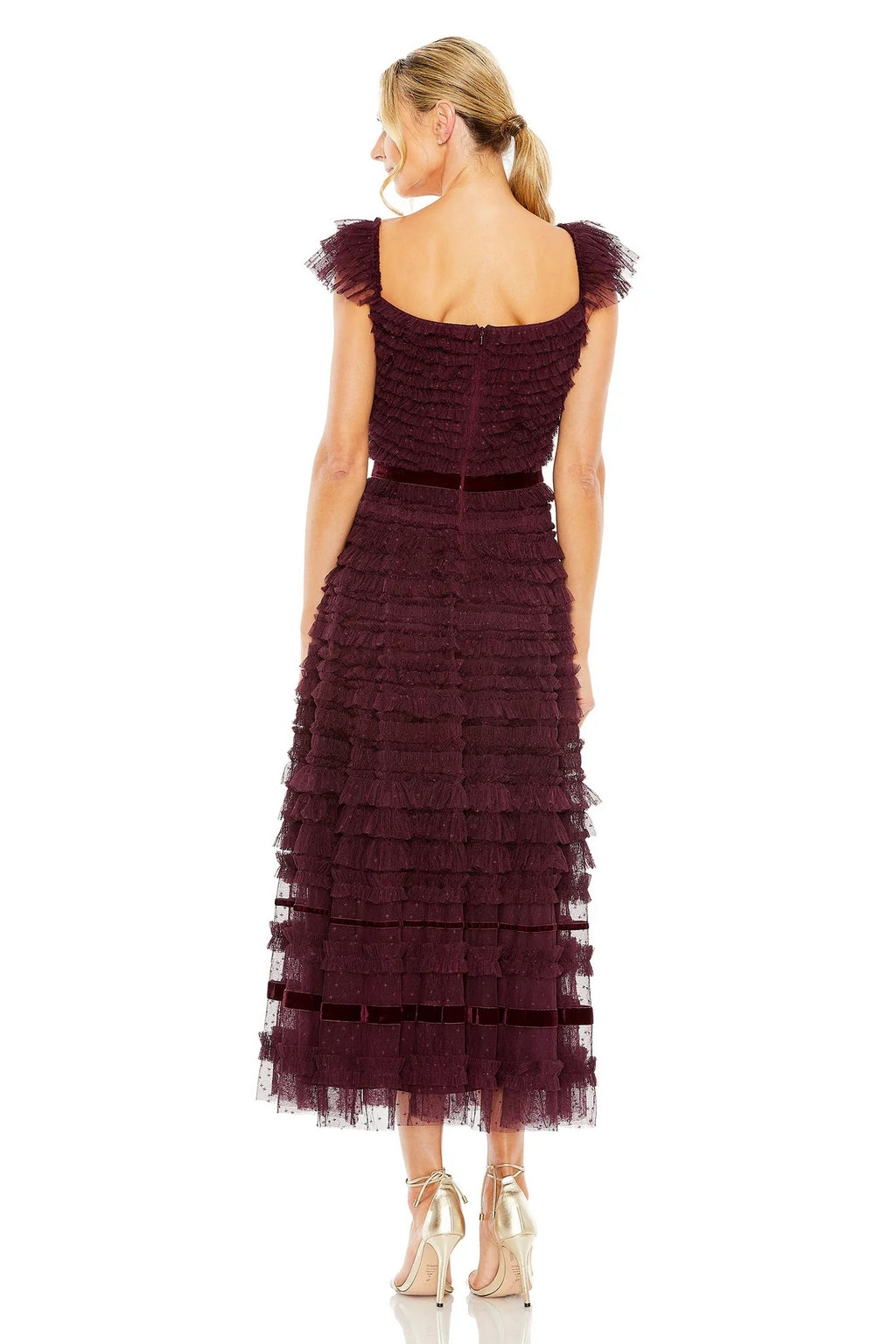 Mac Duggal 8054 Ruffle Cap Sleeve Embellished Tiered Midi Dress