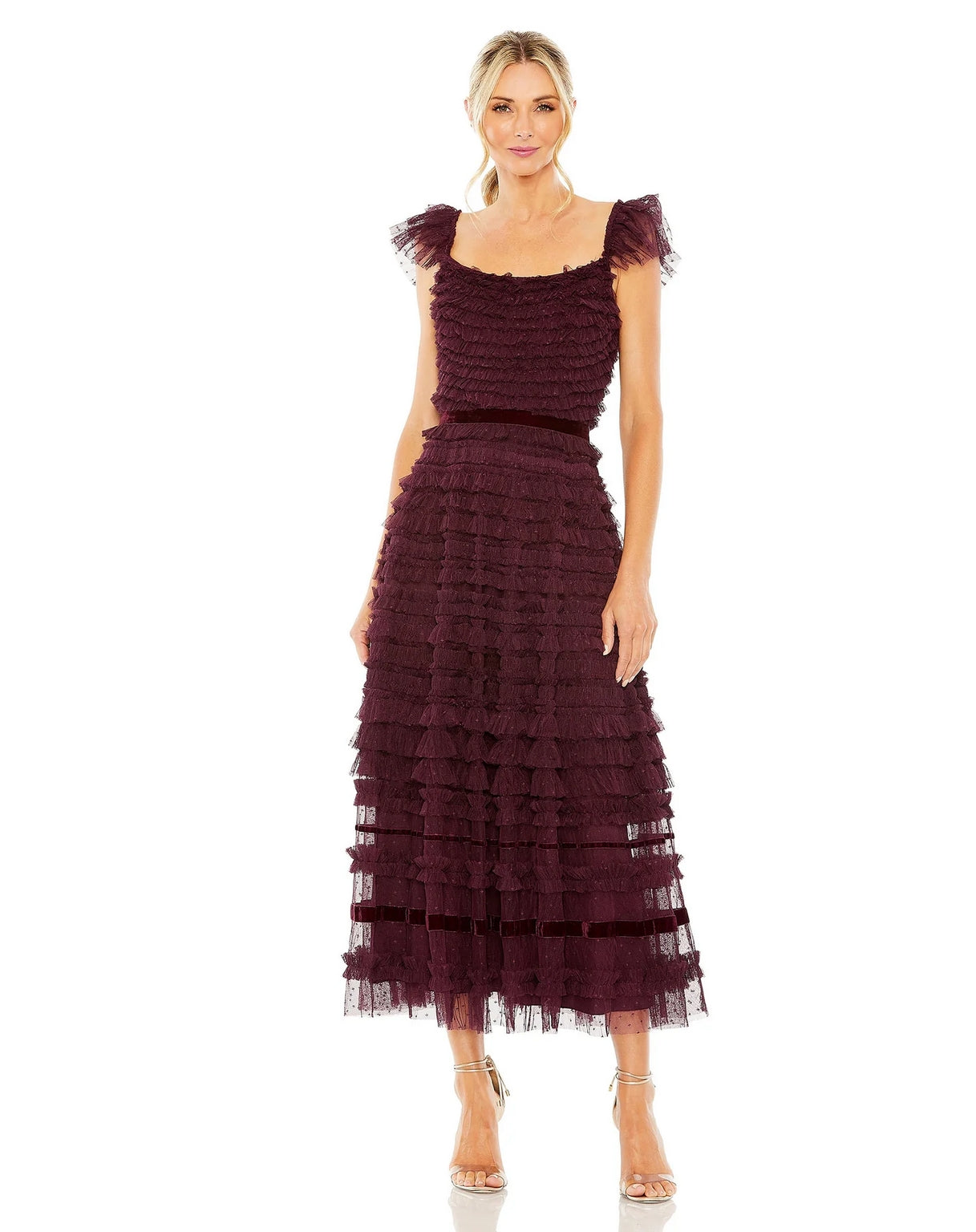 Mac Duggal 8054 Ruffle Cap Sleeve Embellished Tiered Midi Dress