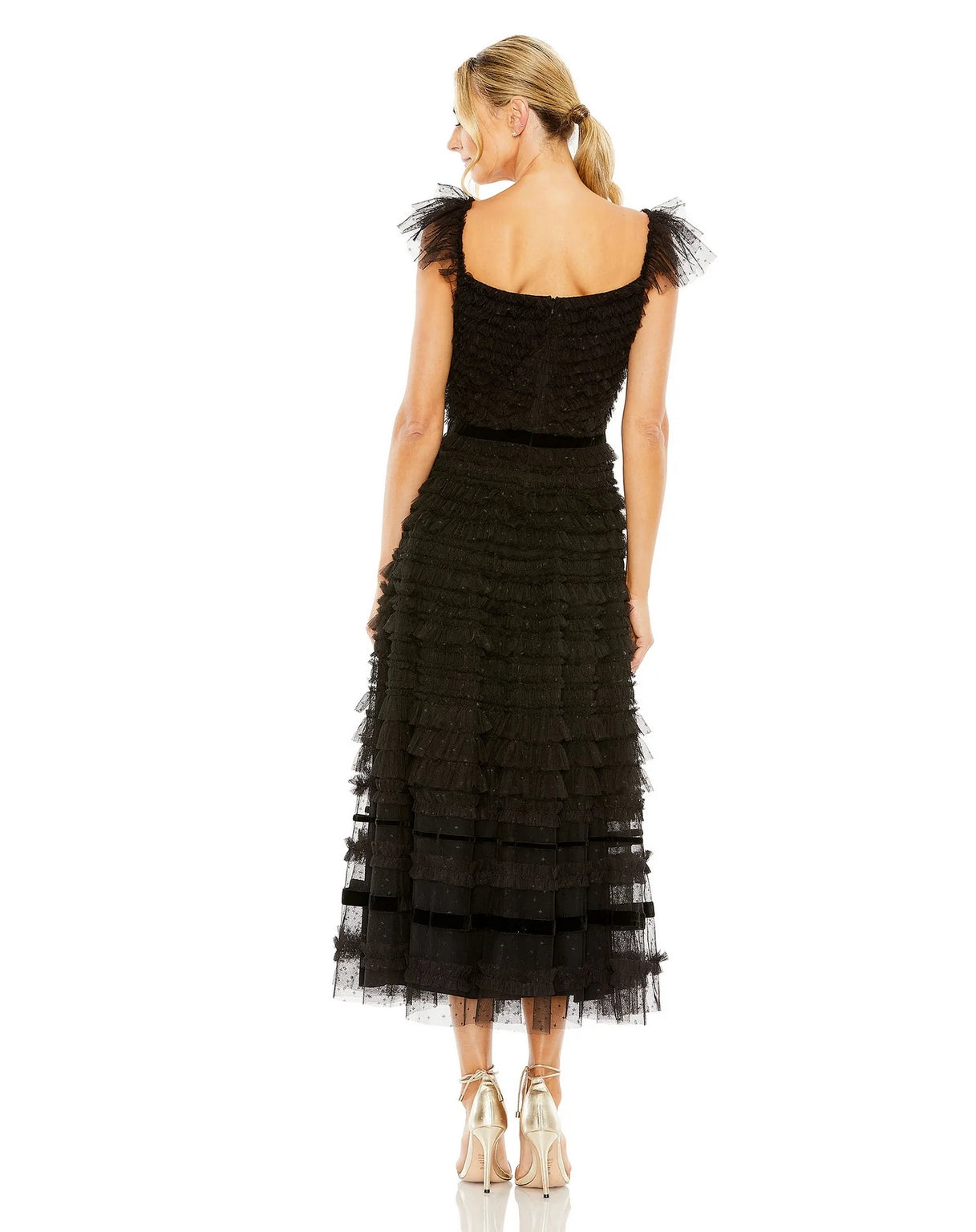 Mac Duggal 8054 Ruffle Cap Sleeve Embellished Tiered Midi Dress