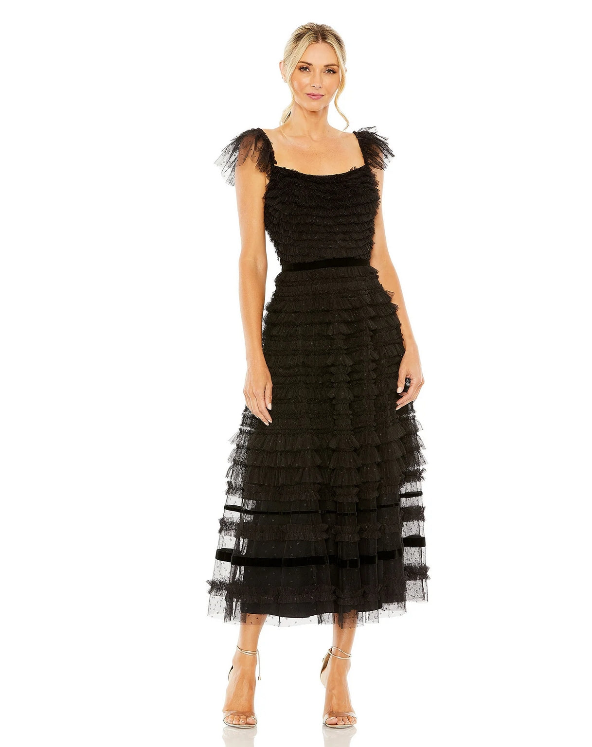 Mac Duggal 8054 Ruffle Cap Sleeve Embellished Tiered Midi Dress